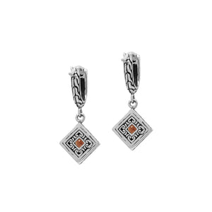 Sterling Silver Carved Diamond Drop Leverback Earrings Featuring Square-Cut Citrine Quartz And Detailed Balinese Craftsmanship