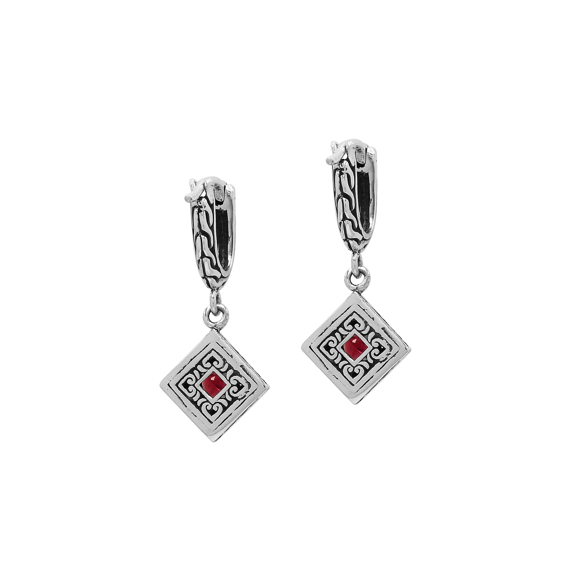 Sterling Silver Carved Diamond Drop Leverback Earrings Featuring Square-Cut Garnet Quartz And Detailed Balinese Craftsmanship