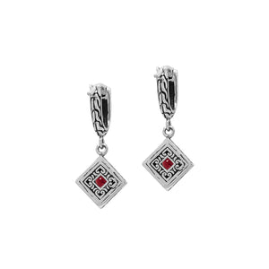 Sterling Silver Carved Diamond Drop Leverback Earrings Featuring Square-Cut Garnet Quartz And Detailed Balinese Craftsmanship