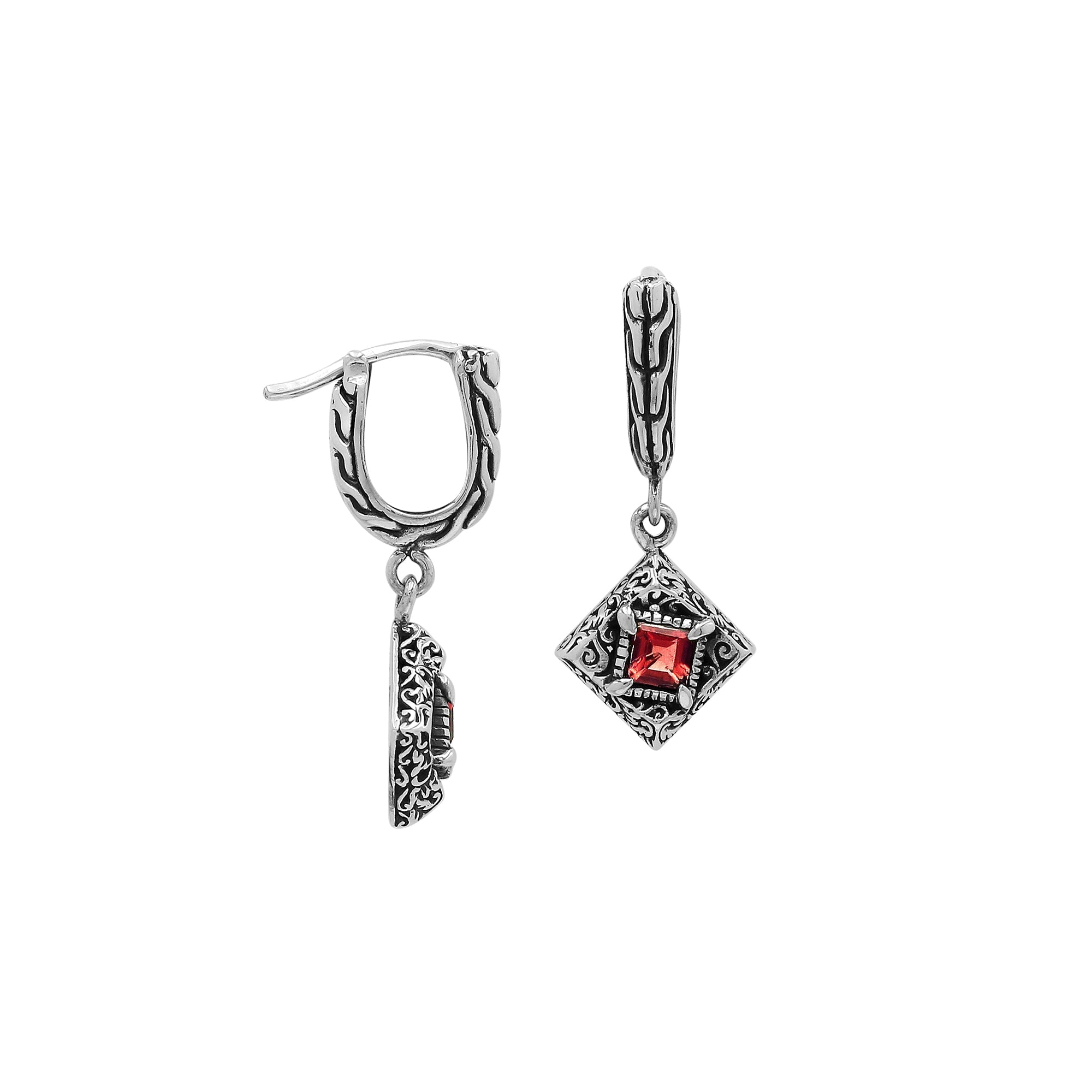 Sterling Silver Carved Diamond Drop Leverback Earrings Featuring Square-Cut Garnet Quartz And Detailed Balinese Craftsmanship