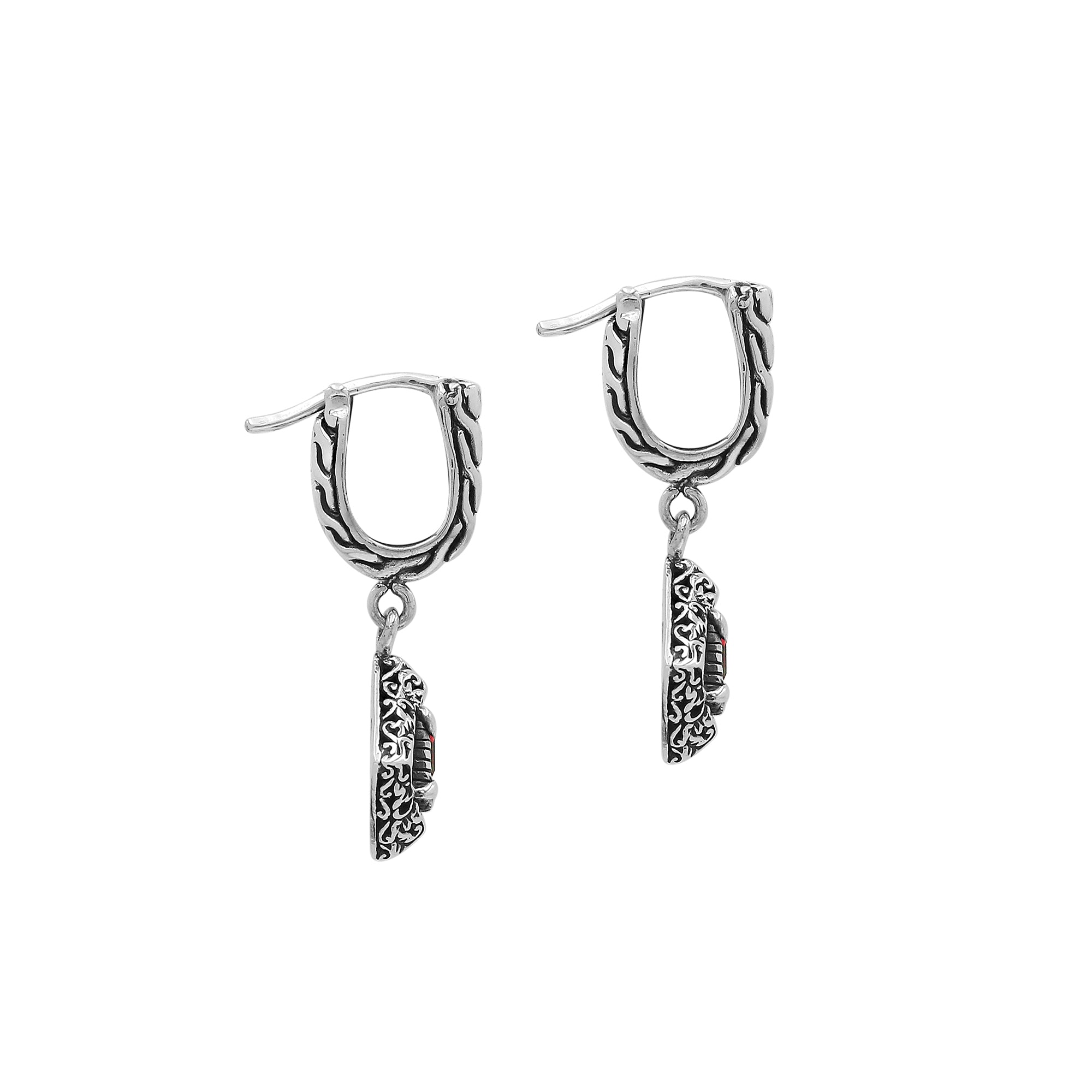 Sterling Silver Carved Diamond Drop Leverback Earrings Featuring Square-Cut Garnet Quartz And Detailed Balinese Craftsmanship