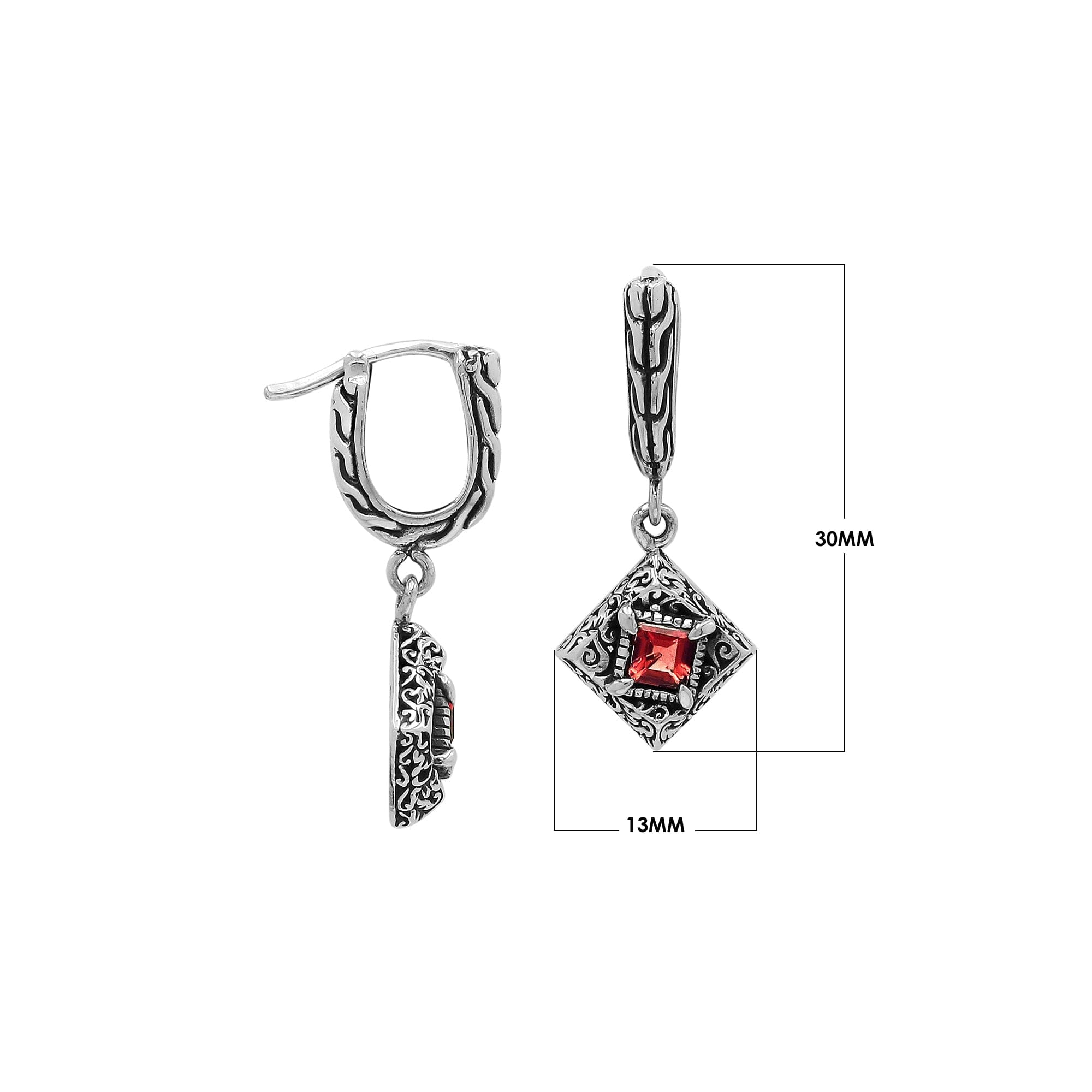 Sterling Silver Carved Diamond Drop Leverback Earrings Featuring Square-Cut Garnet Quartz And Detailed Balinese Craftsmanship