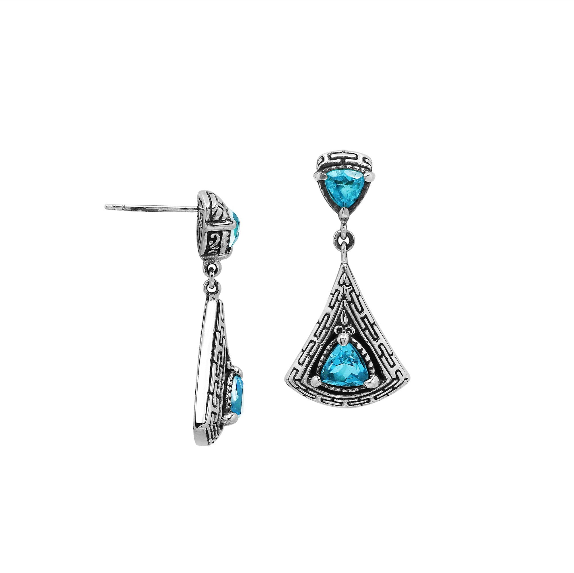Sterling Silver Triangular Dangle Earrings Featuring Blue Topaz Quartz And Intricate Balinese Maze Carved Detailing