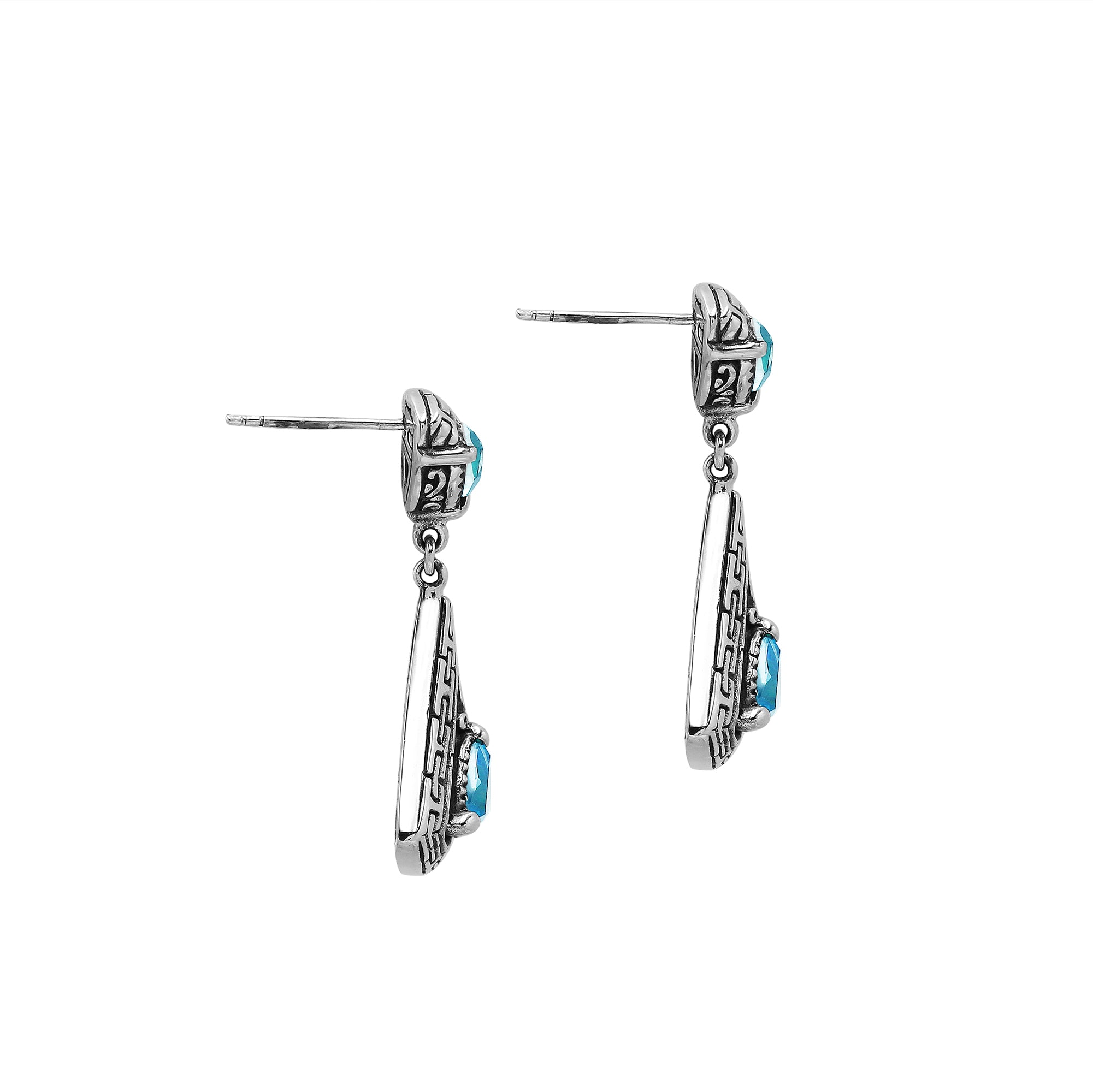 Sterling Silver Triangular Dangle Earrings Featuring Blue Topaz Quartz And Intricate Balinese Maze Carved Detailing
