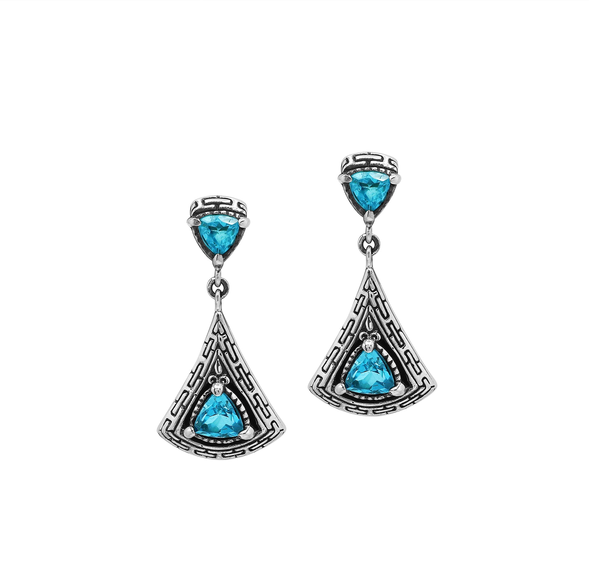 Sterling Silver Triangular Dangle Earrings Featuring Blue Topaz Quartz And Intricate Balinese Maze Carved Detailing