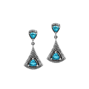 Sterling Silver Triangular Dangle Earrings Featuring Blue Topaz Quartz And Intricate Balinese Maze Carved Detailing