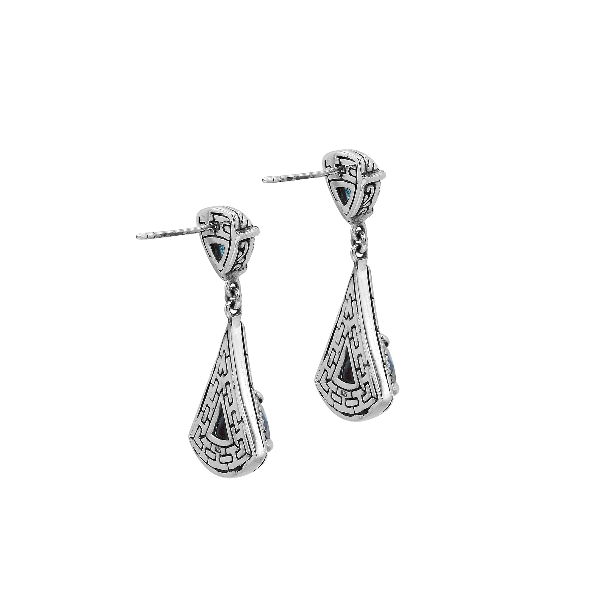 Sterling Silver Triangular Dangle Earrings Featuring Blue Topaz Quartz And Intricate Balinese Maze Carved Detailing