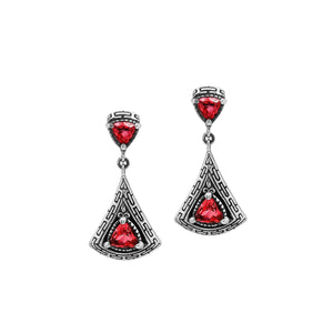 Sterling Silver Triangular Dangle Earrings Featuring Garnet Quartz And Intricate Balinese Maze Carved Detailing