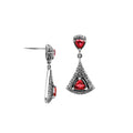 Sterling Silver Triangular Dangle Earrings Featuring Garnet Quartz And Intricate Balinese Maze Carved Detailing