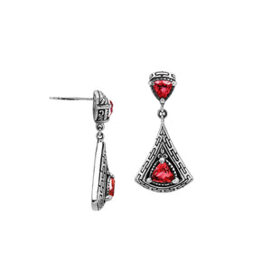 Sterling Silver Triangular Dangle Earrings Featuring Garnet Quartz And Intricate Balinese Maze Carved Detailing
