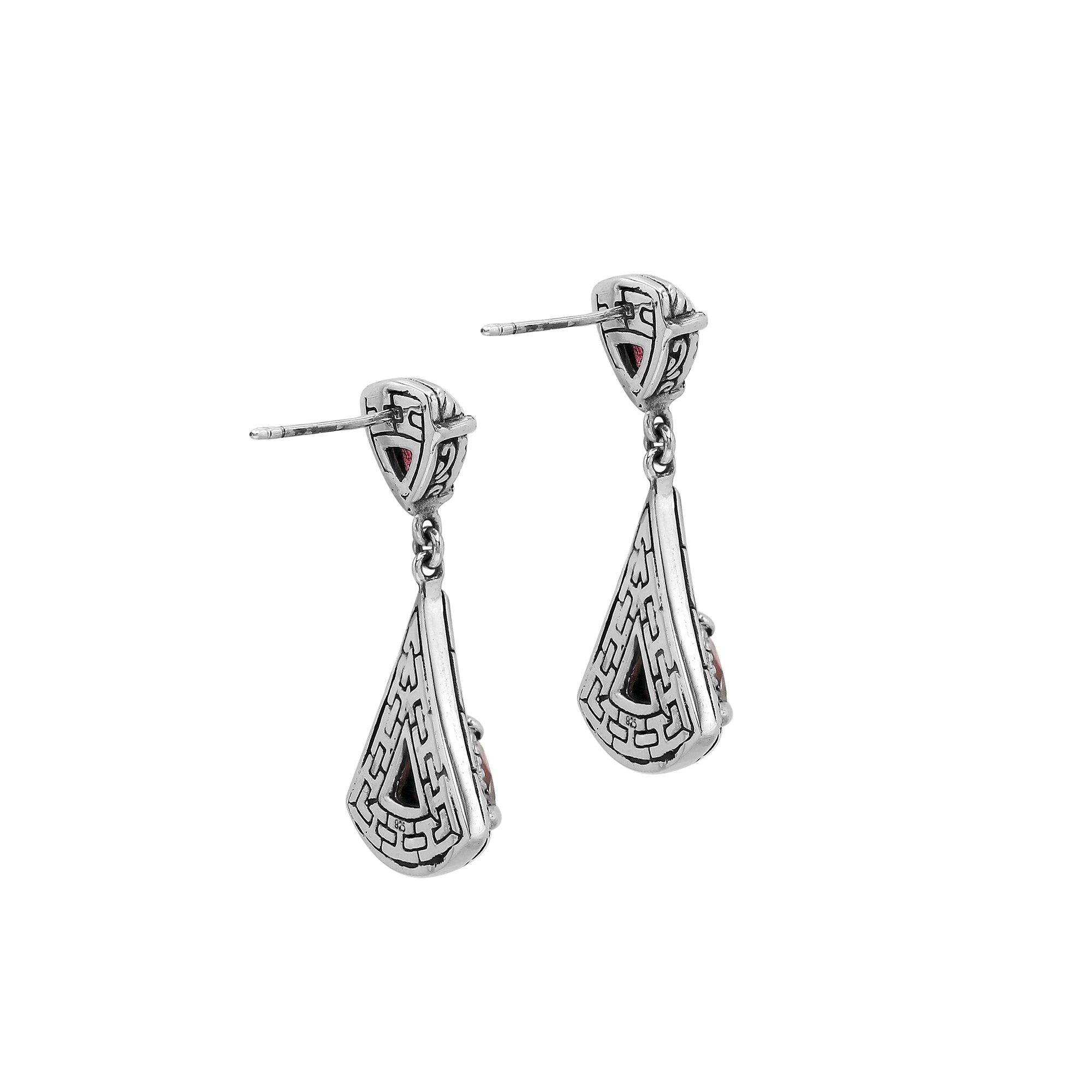 Sterling Silver Triangular Dangle Earrings Featuring Garnet Quartz And Intricate Balinese Maze Carved Detailing