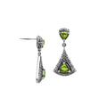 Sterling Silver Triangular Dangle Earrings Featuring Peridot Quartz With Intricate Balinese Maze Carved Detailing