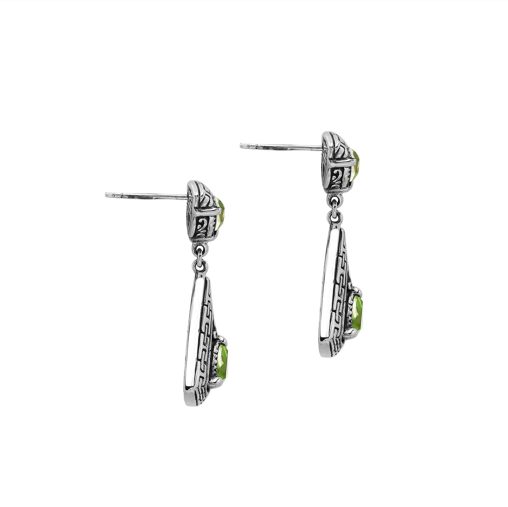 Sterling Silver Triangular Dangle Earrings Featuring Peridot Quartz With Intricate Balinese Maze Carved Detailing