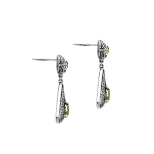 Sterling Silver Triangular Dangle Earrings Featuring Peridot Quartz With Intricate Balinese Maze Carved Detailing