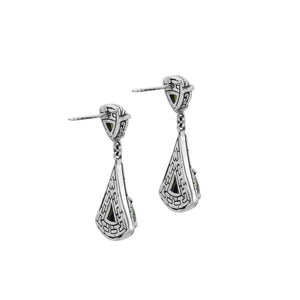 Sterling Silver Triangular Dangle Earrings Featuring Peridot Quartz With Intricate Balinese Maze Carved Detailing