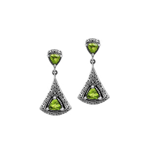 Sterling Silver Triangular Dangle Earrings Featuring Peridot Quartz With Intricate Balinese Maze Carved Detailing