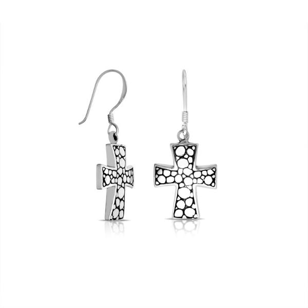 Wholesale sterling silver Bali textured cross earrings featuring polished–oxidized pattern work and secure earwire hooks, crafted to enrich modern artisan-inspired wholesale jewelry inventories.