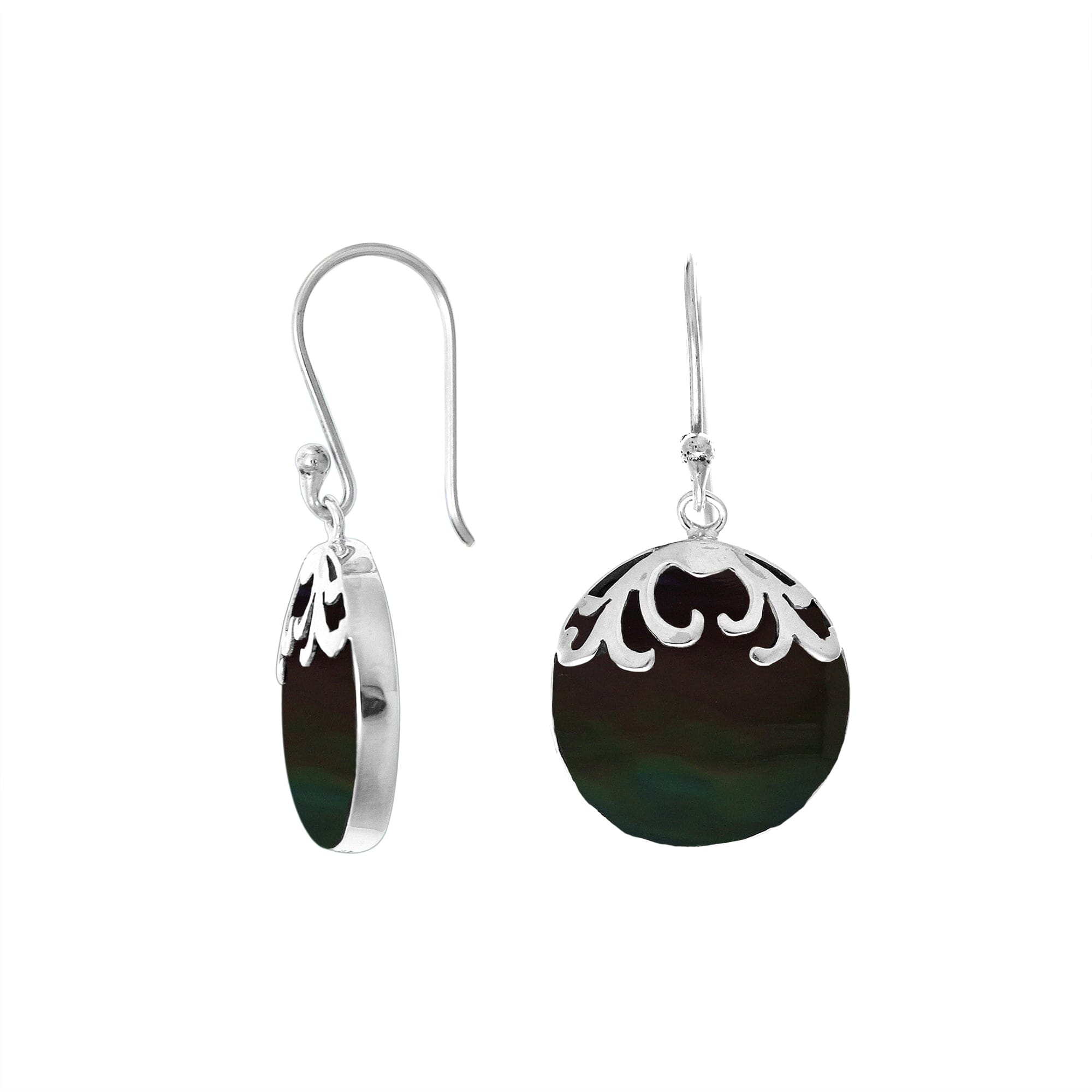 Sterling silver earrings featuring round Black Shell drops accented with polished filigree details and classic earwire hooks, handcrafted with precision in Bali.
