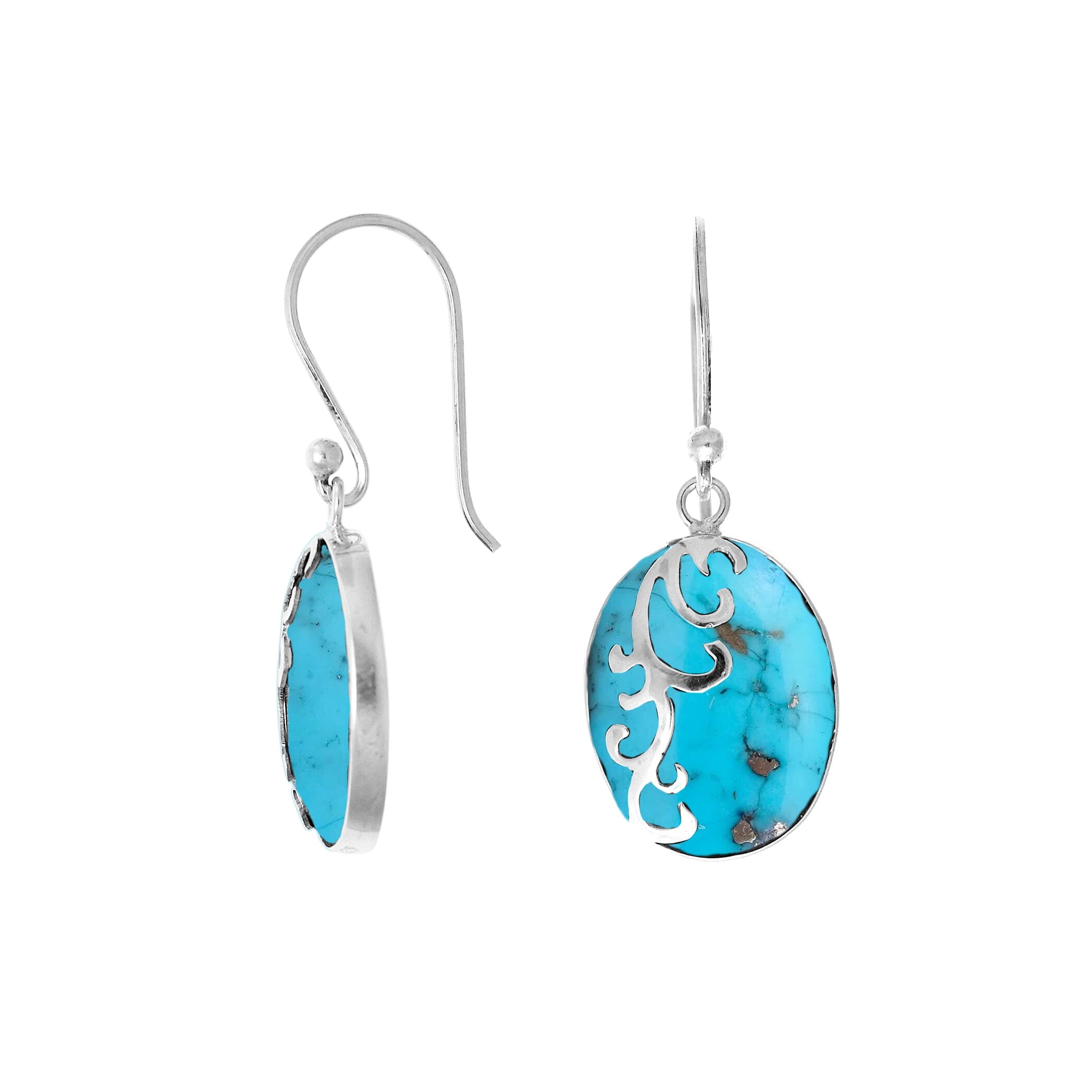 Wholesale sterling silver earrings featuring bright turquoise shell ovals with a polished wave-motif overlay, offering consistent artisan craftsmanship and elegant catalog-ready appeal for bulk jewelry sourcing.