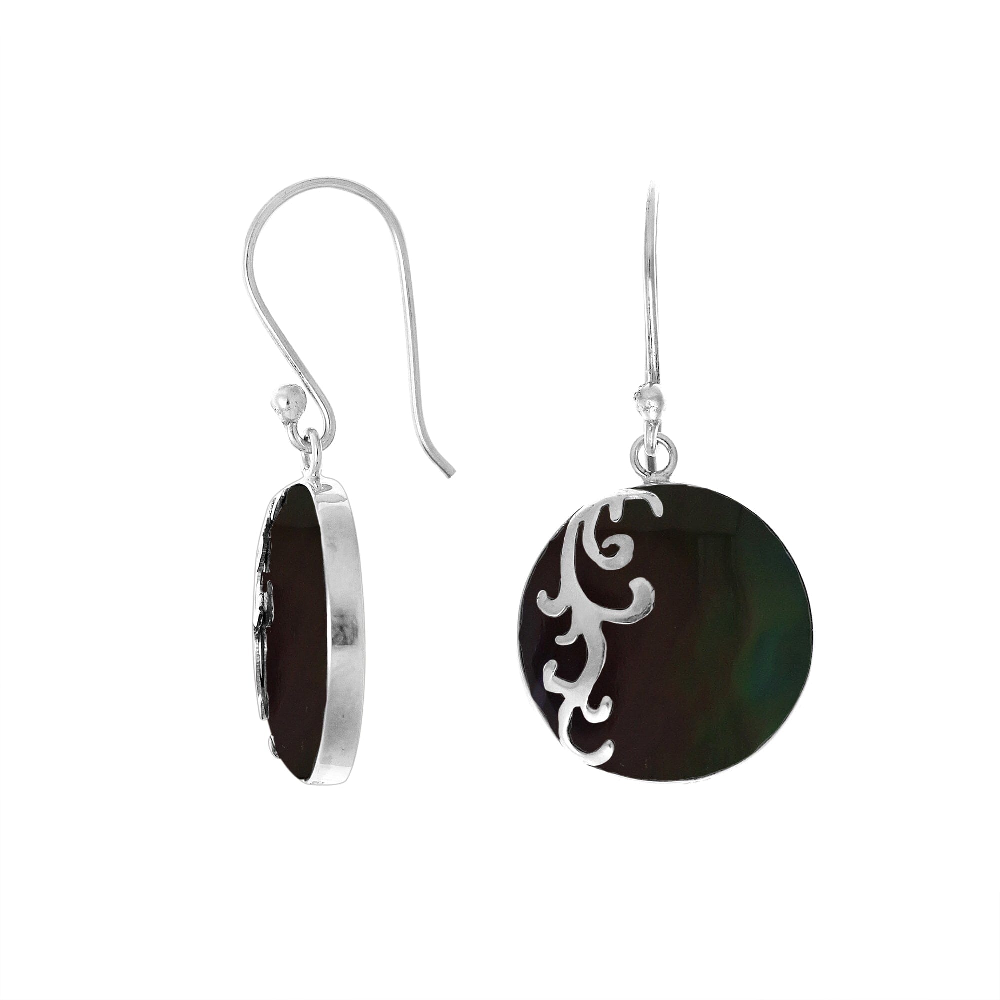 Wholesale sterling silver earrings featuring round black shell drops with a polished wave-motif overlay, offering consistent artisan craftsmanship and elegant catalog-ready appearance for bulk jewelry sourcing.