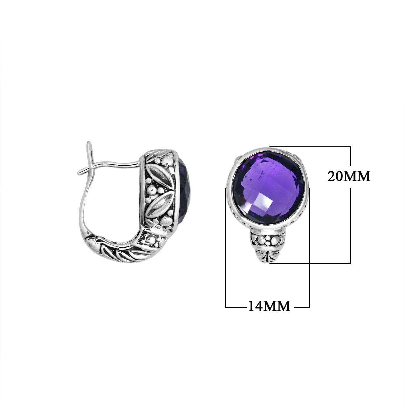 Wholesale sterling silver omega-clip earrings featuring faceted amethyst quartz set in ornate Balinese-style silverwork, created to deliver consistent artisan quality and strong catalog-ready visual appeal for bulk jewelry buyers.