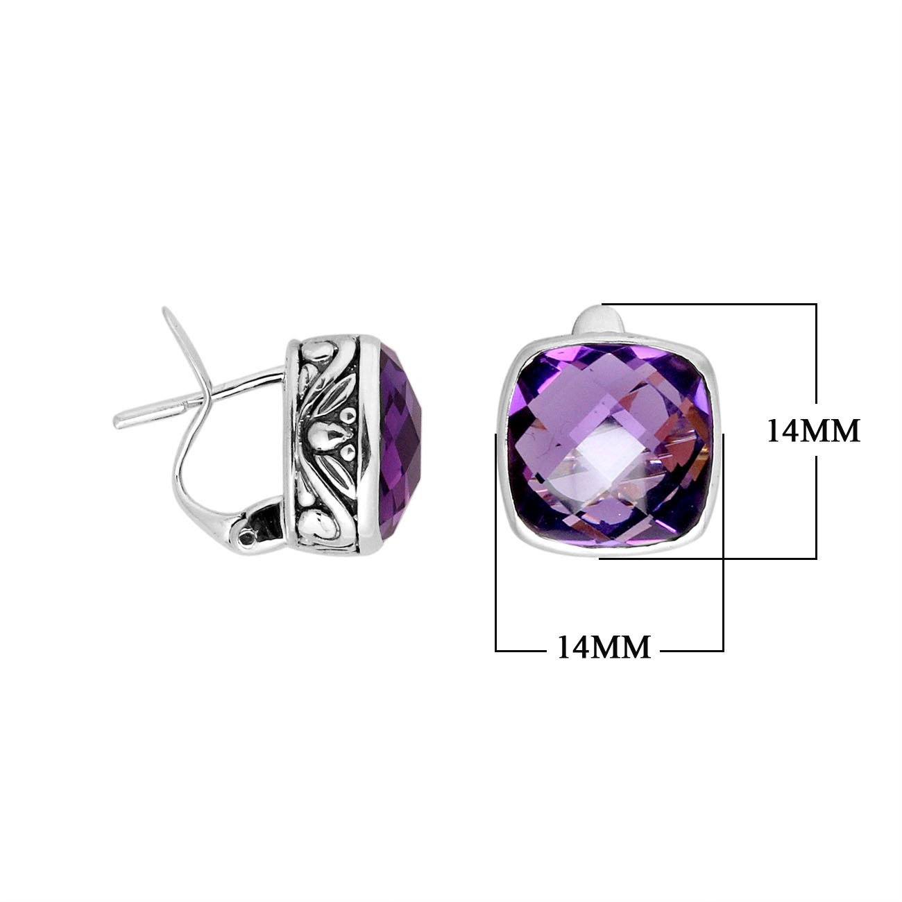 A pair of sterling silver cushion-cut Amethyst Quartz earrings with intricate side detailing and Omega clip locks, designed for bulk jewelry distribution and elegant catalog displays.