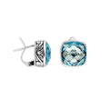 Pair of sterling silver cushion-cut Blue Topaz Quartz earrings with intricate ornamental side detailing and Omega clip locks, designed for elegant wholesale jewelry collections and catalogs.