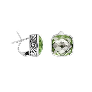 Wholesale sterling silver earrings featuring cushion-cut green amethyst quartz framed with ornate Balinese detailing, designed for consistent artisan quality and strong catalog-ready presentation within wholesale jewelry collections.