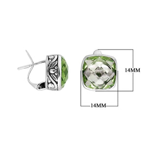 Wholesale sterling silver earrings featuring cushion-cut green amethyst quartz framed with ornate Balinese detailing, designed for consistent artisan quality and strong catalog-ready presentation within wholesale jewelry collections.