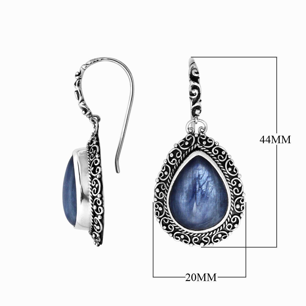 Wholesale sterling silver earrings featuring pear-shaped kyanite cabochons framed in ornate Balinese-style silver detailing, crafted to deliver consistent artisan quality and strong catalog-ready presentation for wholesale jewelry buyers.