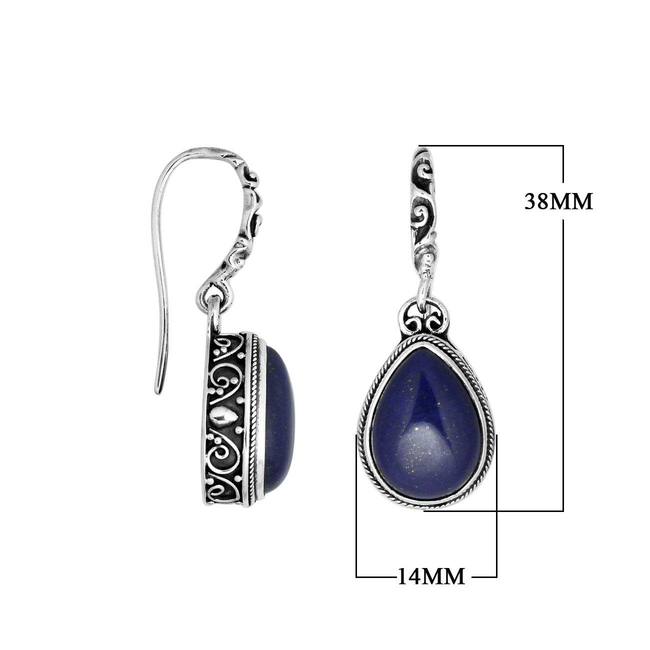 Wholesale sterling silver earrings featuring pear-shaped lapis cabochons framed with ornate Balinese-style detailing, crafted to deliver consistent artisan quality and strong catalog-ready appeal for wholesale jewelry purchases.