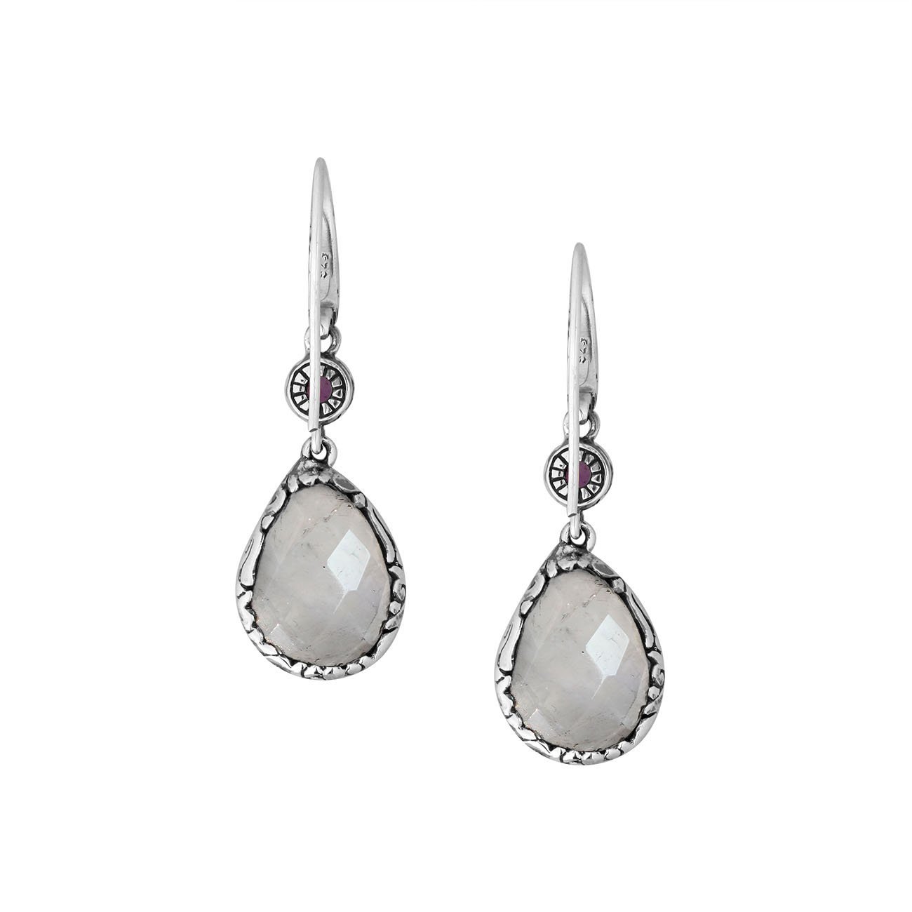 Wholesale sterling silver earrings featuring a faceted Rainbow Moonstone teardrop and Blue Topaz Quartz accent with ornate scroll designs and secure earwire, ideal for premium catalog displays.