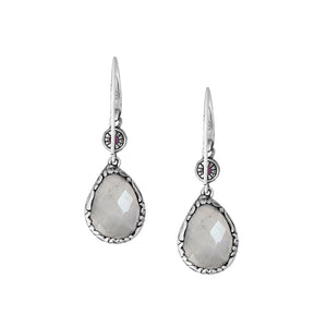 Wholesale sterling silver earrings featuring a faceted Rainbow Moonstone teardrop and Blue Topaz Quartz accent with ornate scroll designs and secure earwire, ideal for premium catalog displays.