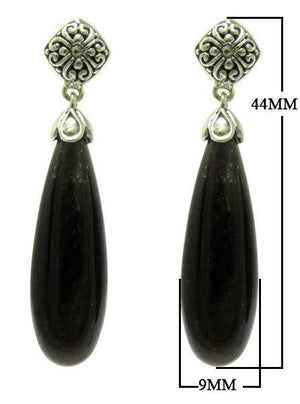 Wholesale sterling silver earrings featuring long polished Black Obsidian teardrops with ornate Bali-style detailing, designed for consistent quality and elegant presentation in large-volume jewelry assortments.