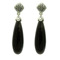 Wholesale sterling silver earrings featuring long polished Black Obsidian teardrops with ornate Bali-style detailing, designed for consistent quality and elegant presentation in large-volume jewelry assortments.