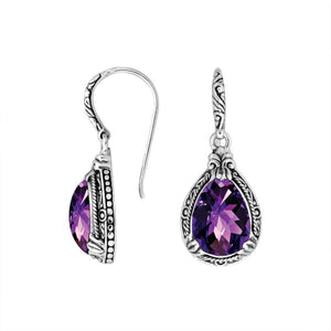 Sterling silver pear-shaped Amethyst Quartz earrings with ornate Balinese detailing and earwire lock, featuring a high-gloss polished finish for wholesale jewelry distributors and catalogs.