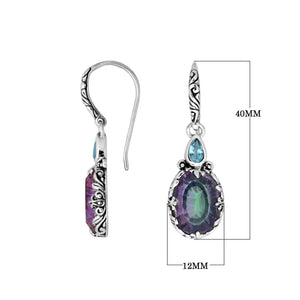 Wholesale sterling silver earrings featuring a prismatic Mystic Quartz centerpiece paired with a bright Blue Topaz Quartz accent, framed in ornate carved silver with an earwire lock for vibrant premium wholesale presentation.