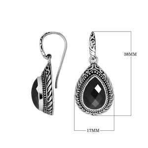 Wholesale sterling silver Black Onyx teardrop earwire earrings featuring intricately carved silver borders, decorative bead accents, antique-polished finish, and handcrafted artisanal detailing designed for premium boutique jewelry collections.
