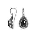 Wholesale sterling silver Black Onyx teardrop earwire earrings featuring intricately carved silver borders, decorative bead accents, antique-polished finish, and handcrafted artisanal detailing designed for premium boutique jewelry collections.