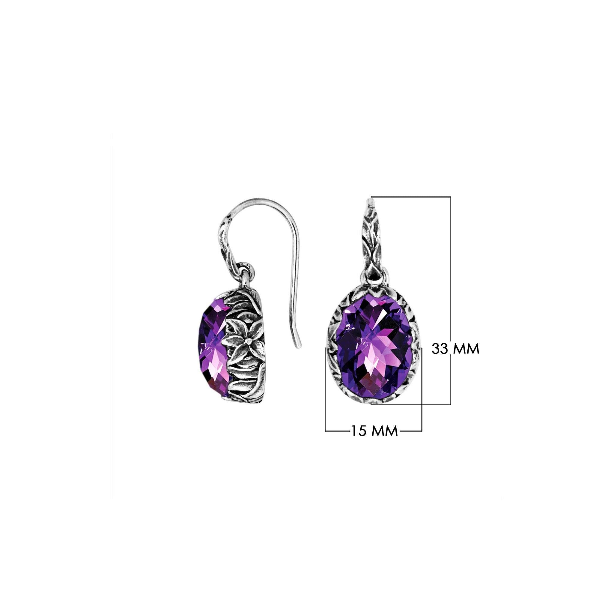 Wholesale sterling silver Amethyst Quartz oval earwire earrings featuring floral hand-carved silver detailing, antique-polished finish, secure earwire hooks, and intricate artisan craftsmanship designed for premium wholesale jewelry collections.
