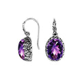 Wholesale sterling silver Amethyst Quartz oval earwire earrings featuring floral hand-carved silver detailing, antique-polished finish, secure earwire hooks, and intricate artisan craftsmanship designed for premium wholesale jewelry collections.
