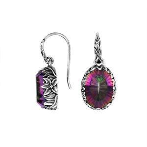Wholesale sterling silver Mystic Quartz oval earwire earrings featuring floral hand-carved silver detailing, antique-polished finish, secure earwire hooks, and vibrant multicolor stone appeal crafted for premium wholesale jewelry collections.