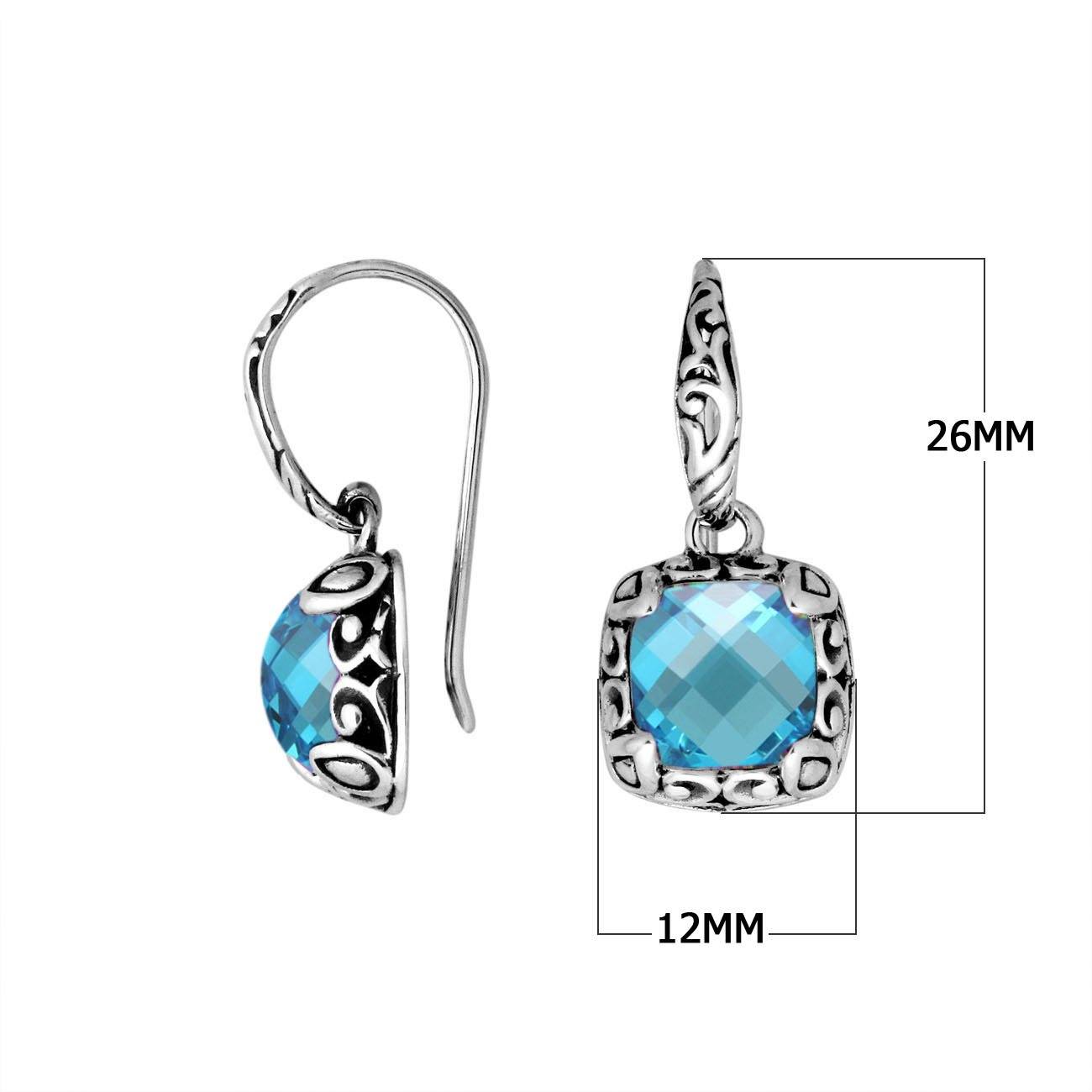 Sterling silver cushion earrings with Blue Topaz Quartz and ornate scroll design for wholesale collections.