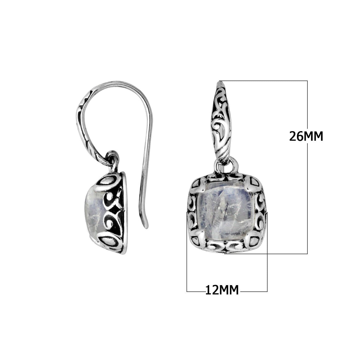 Sterling silver cushion earrings with Rainbow Moonstone and ornate oxidized silver scrollwork for wholesale collections.