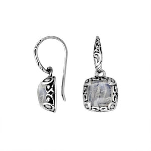 Sterling silver cushion earrings with Rainbow Moonstone and ornate oxidized silver scrollwork for wholesale collections.