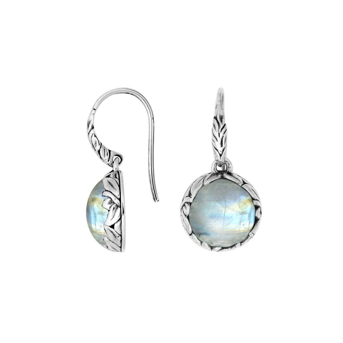 Sterling silver round drop earrings with Rainbow Moonstone and ornate oxidized silver detailing for wholesale collections.