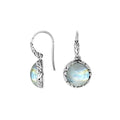 Sterling silver round drop earrings with Rainbow Moonstone and ornate oxidized silver detailing for wholesale collections.