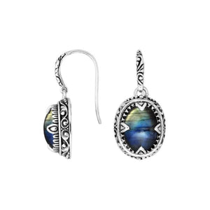 Sterling silver oval drop earrings with Labradorite and ornate oxidized silver detailing for wholesale collections.