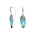 Sterling Silver Long Marquise Blue Topaz Quartz Earrings With Ornate Scroll Caps Handcrafted In Bali