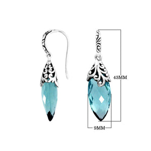 Sterling Silver Long Marquise Blue Topaz Quartz Earrings With Ornate Scroll Caps Handcrafted In Bali